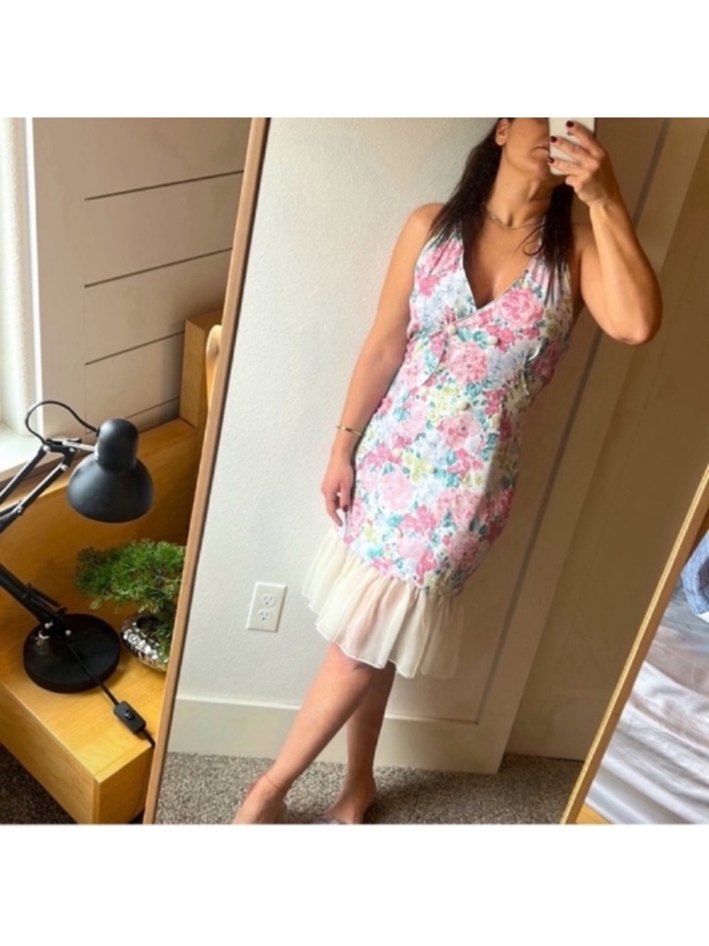 Floral V-Neck Sleeveless Dress with Ruffled Hem - Pink Floral